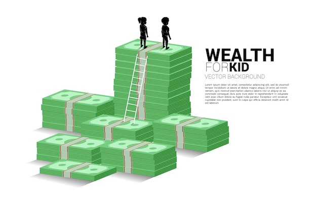 Silhouette von jungen und mädchen, die auf geldstapel mit leiter stehen. konzept der budgetierung und des reichtums für kinder.