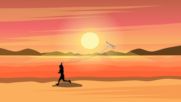 Silhouette von Kinderdrachen bei Sonnenuntergang am Strand. Vektor-Illustration