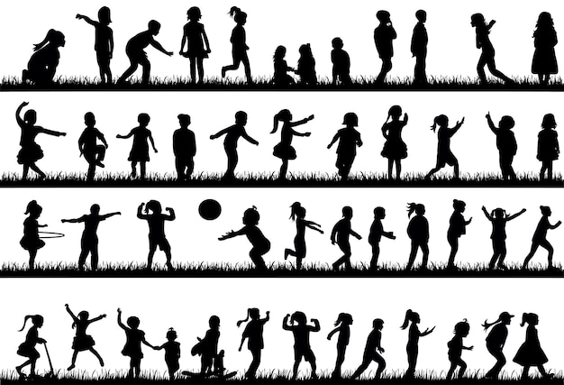 Vektor silhouette von kindern, die auf der grassammlung tanzen, spielen und springen