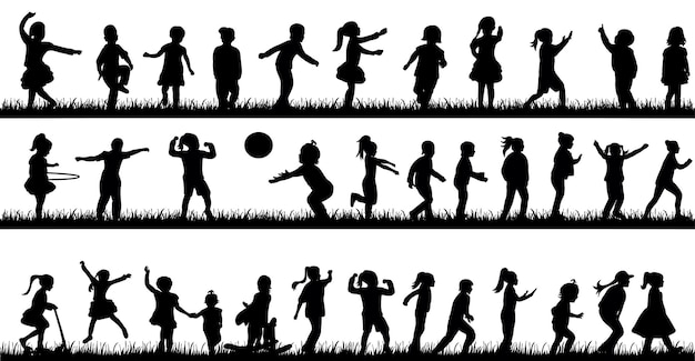 Silhouette von kindern, die auf der grassammlung tanzen, spielen und springen
