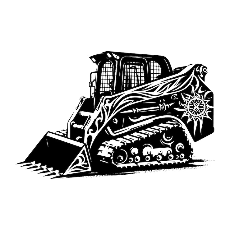 Vektor silhouette von skid steer loader in einer schwarz-weißen illustration mit stammes-tattoo
