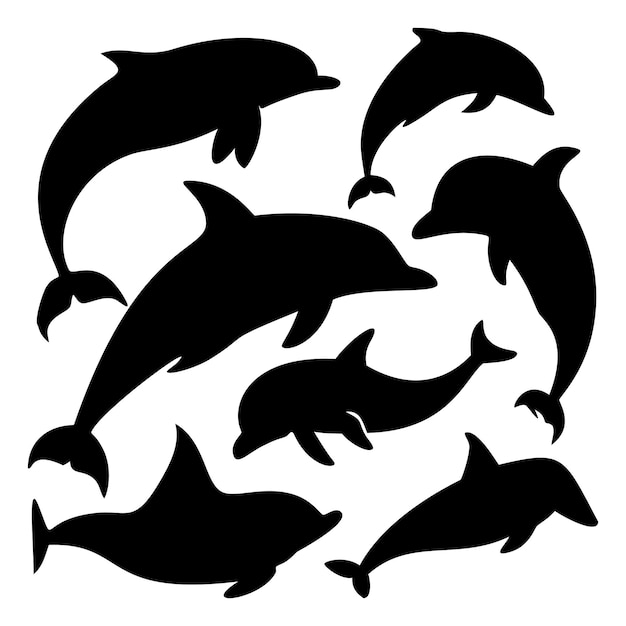 Silhouette von spielerischen Delfinen in einem kreisförmigen Muster