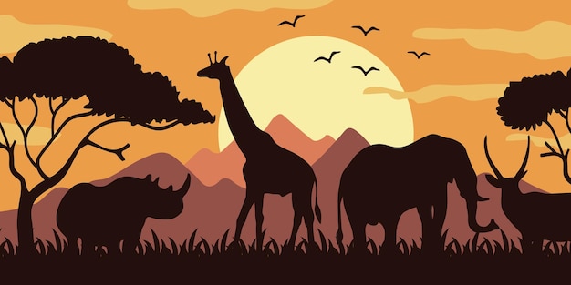 Silhouette von Tieren und Bäumen in einer Savanne am Abend vor afrikanischem Hintergrund