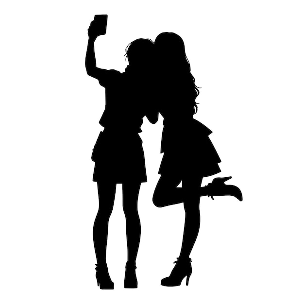 Silhouette von zwei Mädchen, die eine Selfie-Vektorillustration machen