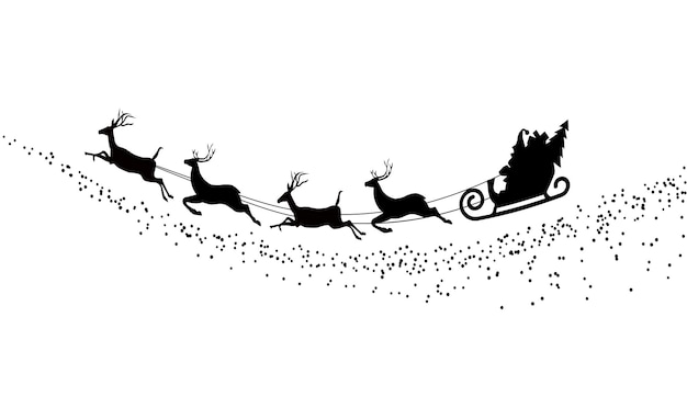 Silhouette weihnachtsmann fliegt mit rehen