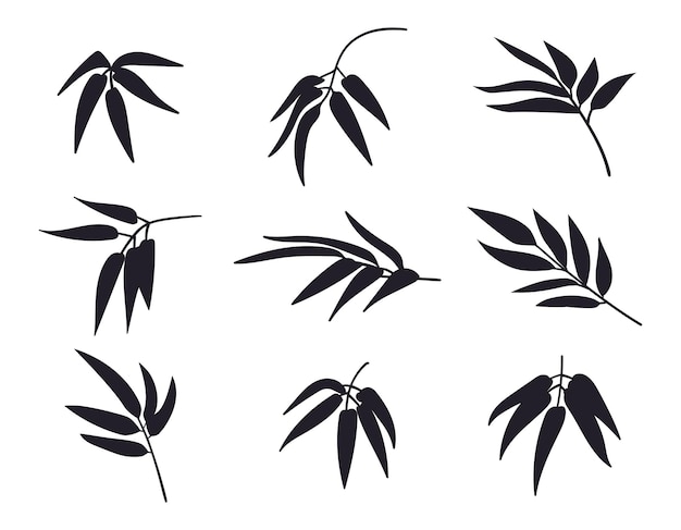 Vektor silhouetten von bambustängeln dschungel-bambus waldblätter und -zweige schwarze tinte bambus flachvektor-illustrationssatz orientalische silhouetten aus bambusblättern