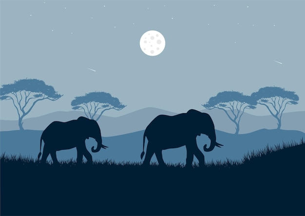 Silhouetten von Elefanten in der Savanne bei Nacht, Vektorillustration.