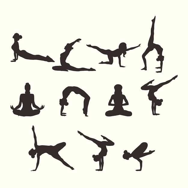 Silhouetten von Frauen in verschiedenen Yoga- und Fitnesspositionen für Wellness-Design