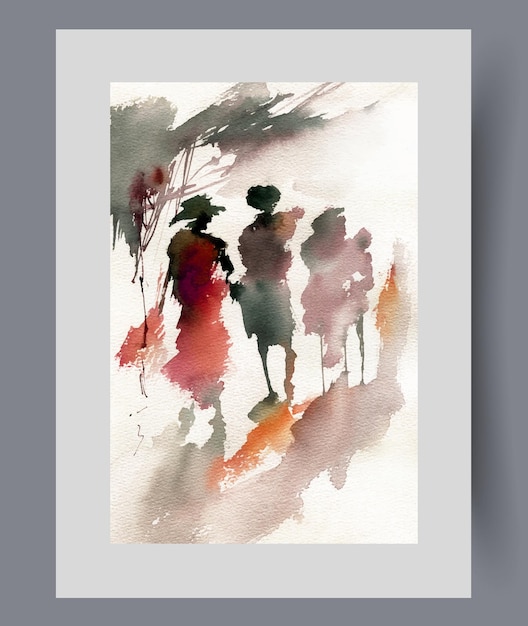 Silhouetten von Fußgängern, die durch die Straßen einer furchteinflößenden Stadt laufen, auf Plakaten mit Aquarell-Kunstwerken