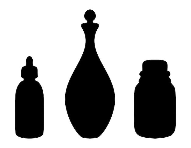 Vektor silhouetten von glasflaschen und karaffen vektor-illustration von dekantern und flaschen für spa- oder medizin-design, gemalt mit schwarzer tinte auf weißem hintergrund monochrom-vintage-flasche für ätherisches öl
