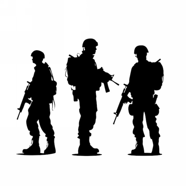 Silhouetten von Soldaten mit Gewehren und Rucksäcken
