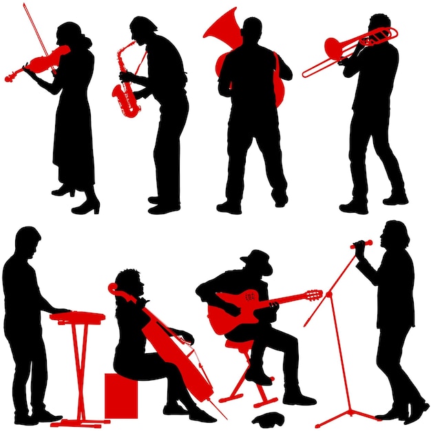 Vektor silhouetten von straßenmusikanten, die instrumente auf weißem hintergrund spielen