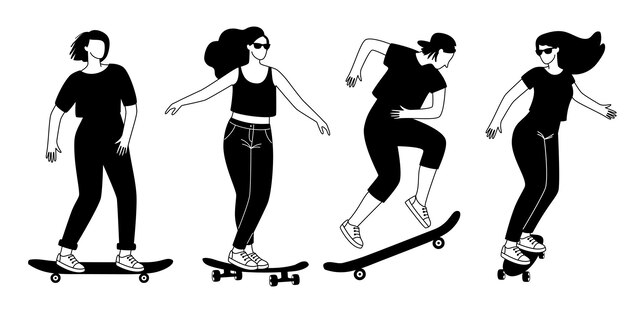 Silhouetten von Street-Longboards. Karikaturkontur von Jugendlichen, die Tricks auf Skateboards trainieren, Konzept des Straßenextremsports, Vektorgrafik von Teenagern im Freien aktiv