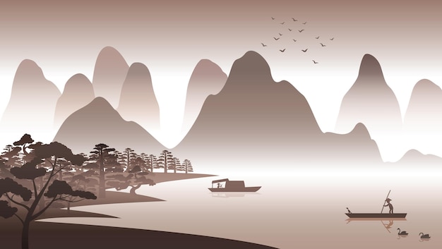 Vektor silhouettendesign der chinesischen naturlandschaft