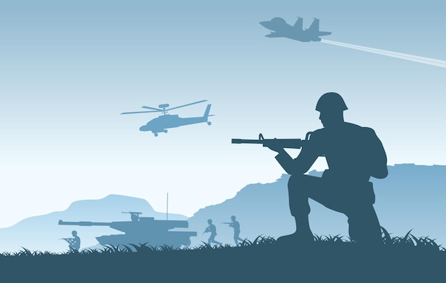 Silhouettendesign des Soldaten greift den Feind an, Vektorillustration