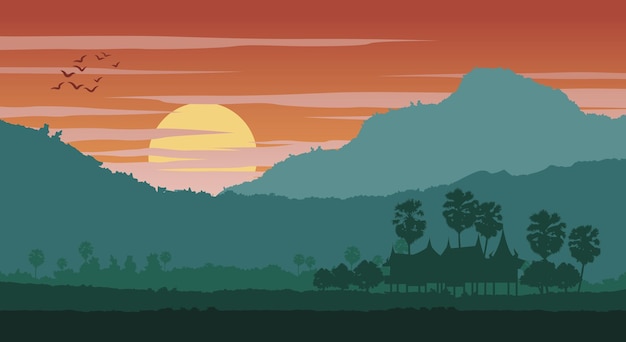 Silhouettenlandschaft der landschaft asiens auf tropischem gebiet mit palmen und dem haus bei sonnenuntergang, vektorgrafik