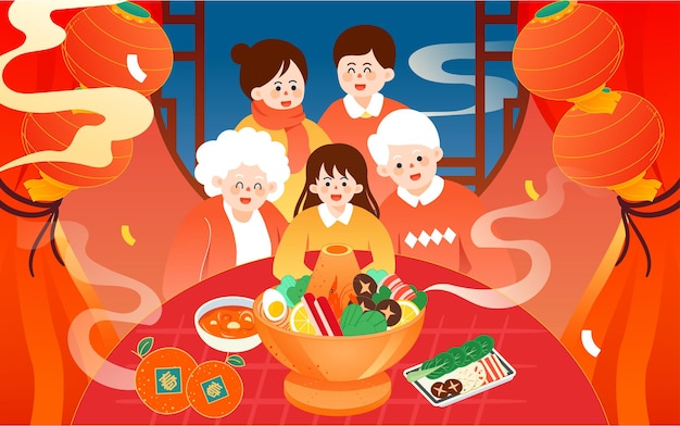 Silvester familientreffen abendessen illustration chinesisches neujahr silvester dinner event poster