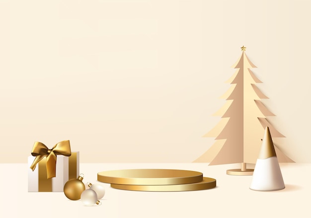 Silvester minimal gerendert stand 3d mit goldbaum und podiumsprodukt. weihnachtsbaum hintergrund vektor 3d-rendering mit goldpodest. stehen, um das produkt zu zeigen. produktvitrine auf weihnachtsgold stehen