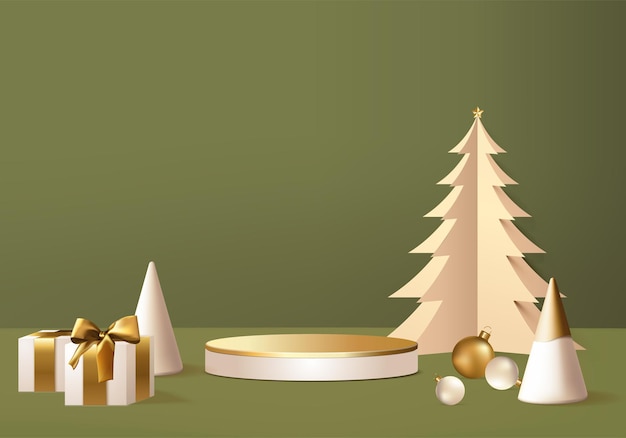 Silvester minimal gerendert Stand 3d mit Goldbaum und Podiumsprodukt. Weihnachtsbaum Hintergrund Vektor 3D-Rendering mit Goldpodest. stehen, um das Produkt zu zeigen. Produktvitrine auf Weihnachtsgold stehen