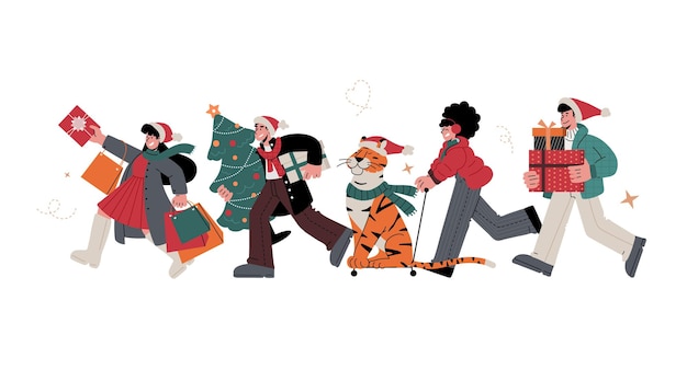 Silvester und Weihnachten vorbereitenMenschen laufen mit EinkaufstütenGeschenkeWeihnachten