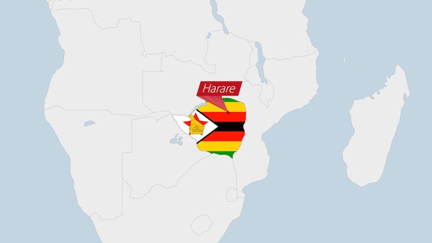 Simbabwe-karte hervorgehoben in den farben der simbabwe-flagge und anstecknadel der landeshauptstadt harare