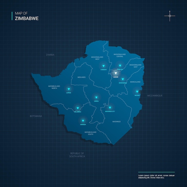 Simbabwe-karte mit blauen neonlichtpunkten - dreieck auf dunkelblauem farbverlauf