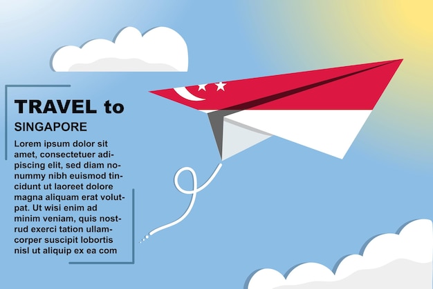 Singapur-reisevektorbanner mit papierflagge und textraumflagge auf papierflieger-urlaubskonzept