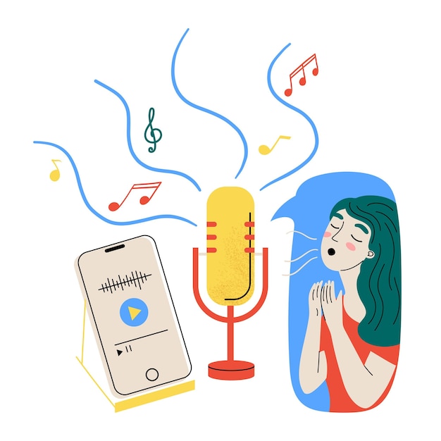 Singendes cartoon-mädchen musikkonzept mit sänger musikalischer podcast und gesang