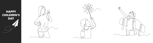 Single one line drawing children day concept set fröhlicher junge und mädchen am kindertag flugzeug kostüm und papierblume kontinuierliche linienzeichnung design grafik vektor illustration