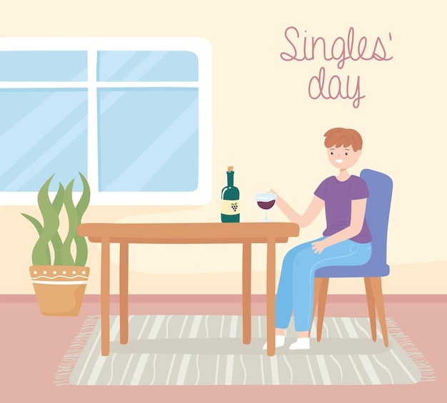 Singles-tag-typ, der wein trinkt