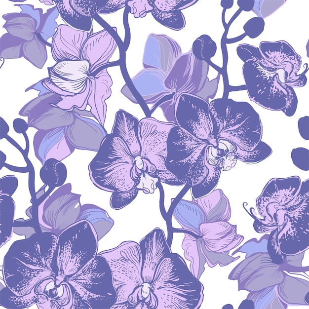 Sinnliche orchideenblüten in voller blüte in trendigen, sehr peri-halbtönen, nahtloses blumenmuster