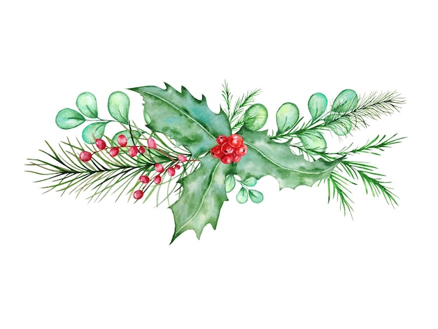 Vektor skandinavische weihnachtskomposition des aquarells. hand gezeichnete winterdekoration. strauß blätter, zweige, tannenzweige und stechpalmenbeeren