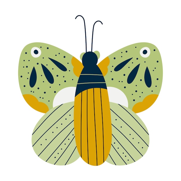 Skandinavischer Schmetterling isoliert. Insekt mit grünen Flügeln und Punkten. Flache Vektorillustration. Schmetterling für Kinderdesign. Vektor handgezeichnete trendige Cartoon-Illustration