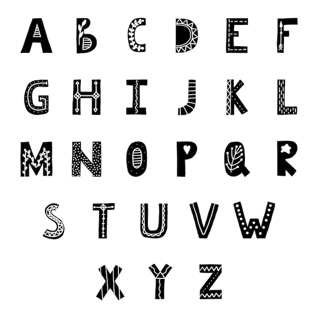 Vektor skandinavisches alphabet im nordischen stil lateinischer kindergarten handgezeichnete schriftvektorkarikatur handgezeichnet dekorativ