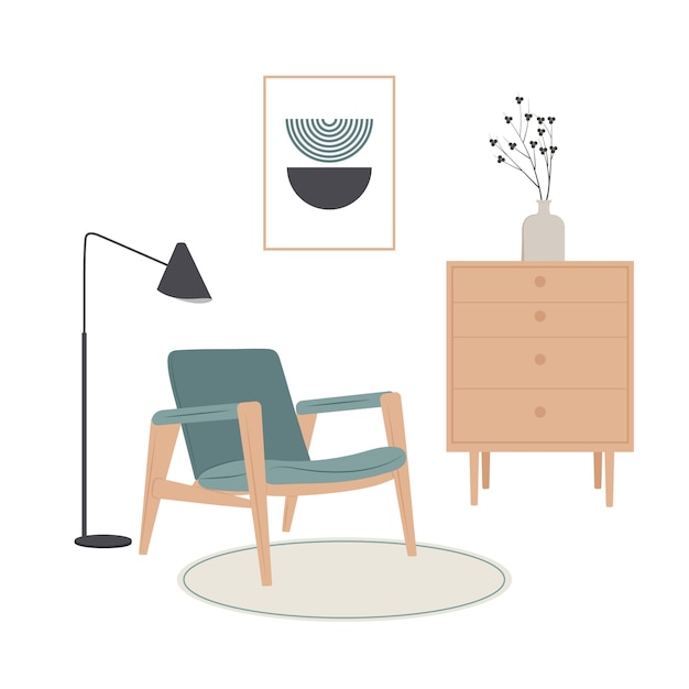 Skandinavisches Interieur mit bequemer Stuhllampe und Bild Es ist eine flache Cartoon-Illustration