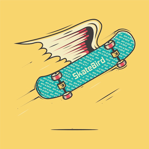 Skateboard mit flügelkarikaturillustration