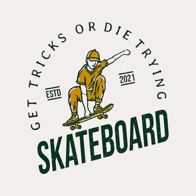Skateboarder-logo im vintage-stil mit grunge auf weißem hintergrund