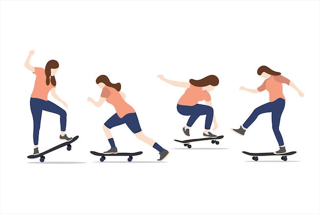 Skateboardfahrer-mädchen-illustrations-vektor-satz