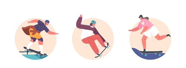 Skateboarding Hobby Skateboarder Charaktere Avatare oder runde Symbole Teenager führen Stunts auf Rollerdrome aus Springen Sie an Bord