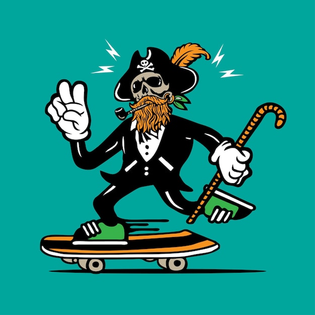 Skateboarding tote piraten schädel in tuxedo maskottchen charakterdesign handzeichnung vektor