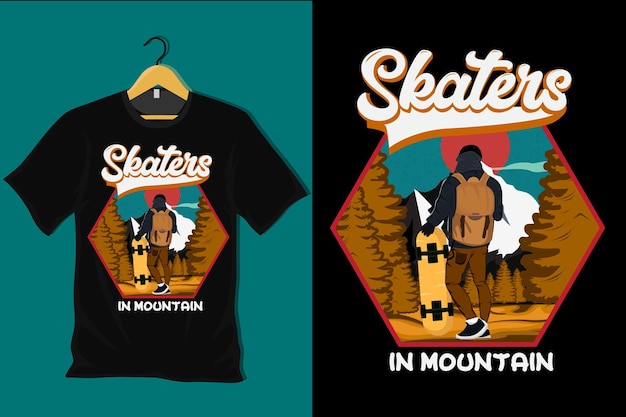 Skater in mountain retro vintage t-shirt design