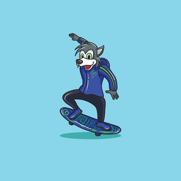 Skater-wolf-maskottchen-karikatur