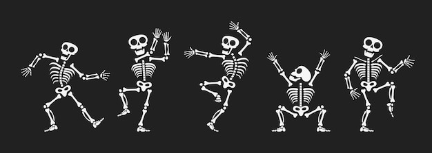Vektor skelette tanzen mit verschiedenen positionen, flaches design, vektor-illustrationsset