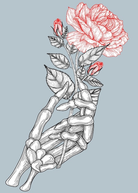 Skeletthand, die eine Rosenblume im Gravierstil hält