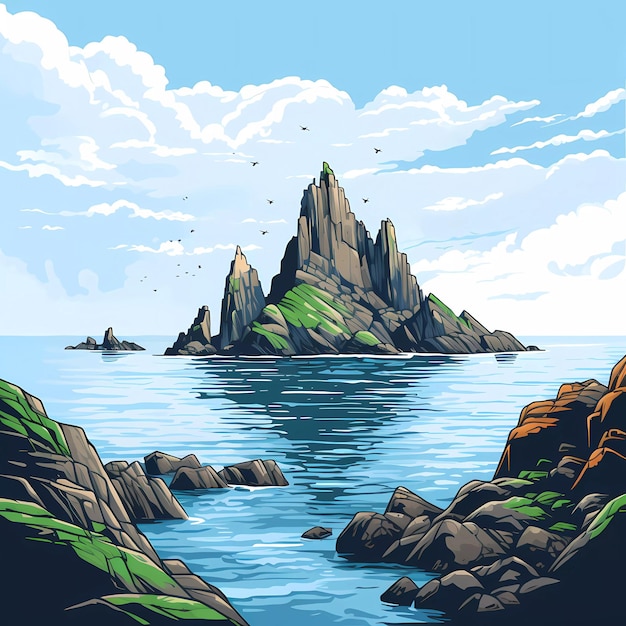 Vektor skellig michael in der nähe der irischen küste.