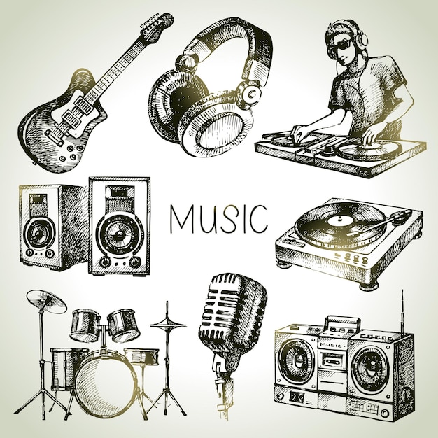Sketch-Musik-Set. Handgezeichnete Vektorgrafiken von DJ-Icons