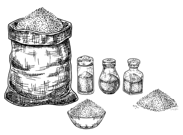 Vektor sketch-salt-set salz in einem salzschüttel-pilzbeutel essmittel in glasflasche himalaya