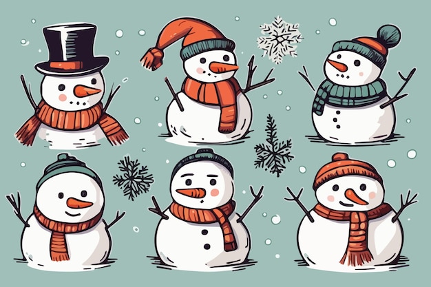 Sketch süßer Schneemann in Hüten und Schals, handgezeichnet, leuchtende Weihnachtsfiguren, die isoliert auf