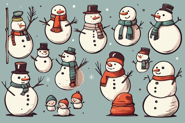 Sketch süßer Schneemann in Hüten und Schals, handgezeichnet, leuchtende Weihnachtsfiguren, die isoliert auf