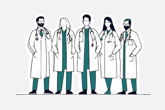 Sketch Verschiedene Gruppen von Ärzten oder Gesundheitskräften, die während der Covid-19-Pandemie Uniformen und Gesichtsmasken tragen und in der Reihe stehen, in Vektorillustration.
